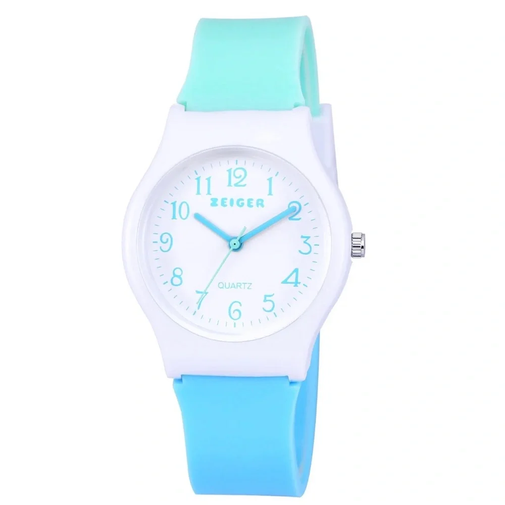 ZEIGER Kids Teenager Sports Wrist Watch Time Teacher Blue & White Silicone Band
